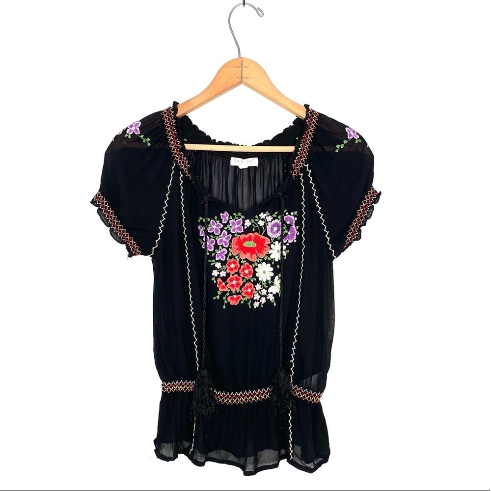 Patrons Of Peace | Black Floral Embroidered Top